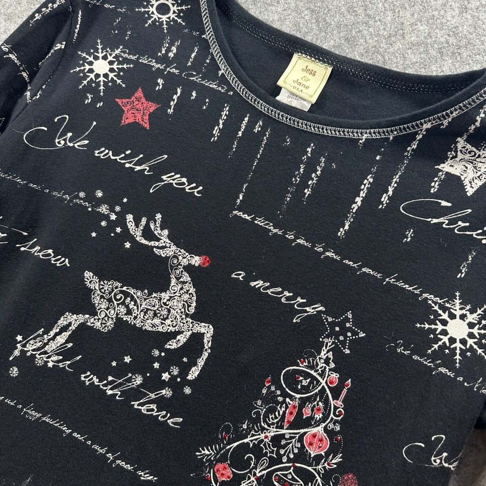 Jess & Jane Christmas Top Women S Black Rhinestone Reindeer Holiday 3/4 Sleeve